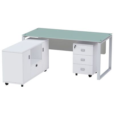 Glass 4116L Executive Modern Workstation Desk With Tempered Glass Top Square Metal Legs Dual Tone - W160Cms X D75Cms X H75Cms (White)