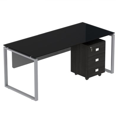 Carre Modern Workstation Desk Steel Square Metal Legs With Silver Modesty Panel (160CM, Black)