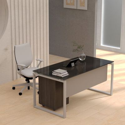 Carre Modern Workstation Desk Steel Square Metal Legs With Silver Modesty Panel (160CM, Black)