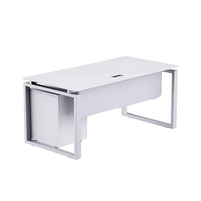 Carre Modern Workstation Desk Steel Square Metal Legs With Silver Modesty Panel (140cm, White)
