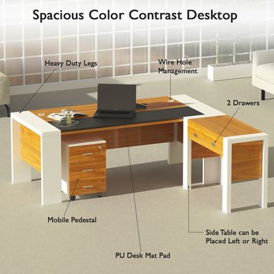 Melamine On Mdf Moderno A01 L-Shaped Corner Design Executive Desk With Wire Management -W200Cms X D195Cms X H75Cms (Brown)
