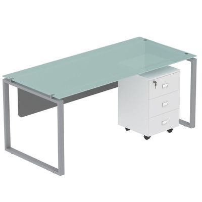 Carre Modern Workstation Desk Steel Square Metal Legs With Silver Modesty Panel (140CM, White)
