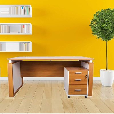 Zelda Contemporary Office Desk with Three Drawer Filing Cabinet - Light Walnut/White (160Cm)