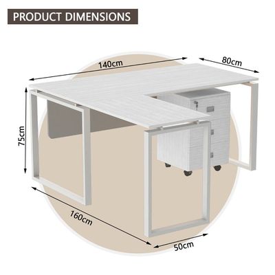 Carre 5114L Modern Workstation Desk Contemporary Look Office Table With 3 Drawers Mobile Storage - W140Cms X D160Cms X H75Cms (White) (140cm, White)