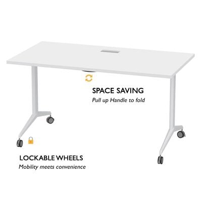 Mahmayi Folde 78-16 Modern Folding Table with Wheels for Easy Mobility - Portable Multipurpose Desk for Home Office, Compact Design with Rolling Wheels for Convenient Transportation and Storage (White, 160cm)