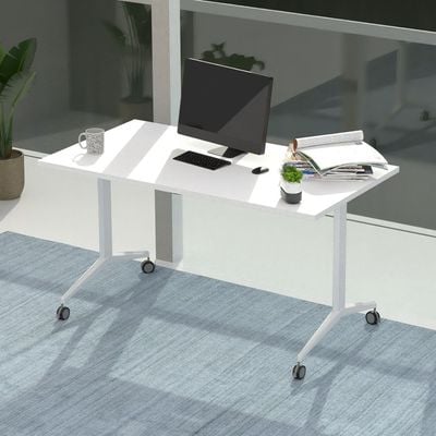 Mahmayi Folde 78-16 Modern Folding Table with Wheels for Easy Mobility - Portable Multipurpose Desk for Home Office, Compact Design with Rolling Wheels for Convenient Transportation and Storage (White, 160cm)