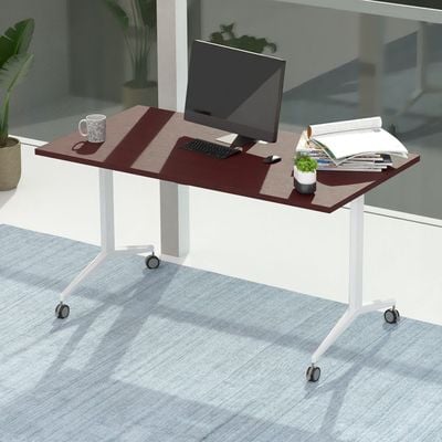 Mahmayi Folde 78-14 Modern Folding Table with Wheels for Easy Mobility - Portable Multipurpose Desk for Home Office, Compact Design with Rolling Wheels for Convenient Transportation and Storage (Apple Cherry, 140cm)