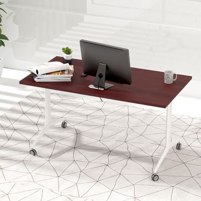Mahmayi Folde 78-14 Modern Folding Table with Wheels for Easy Mobility - Portable Multipurpose Desk for Home Office, Compact Design with Rolling Wheels for Convenient Transportation and Storage (Apple Cherry, 140cm)