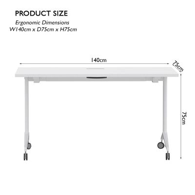 Mahmayi Folde 78-14 Modern Folding Table with Wheels for Easy Mobility - Portable Multipurpose Desk for Home Office, Compact Design with Rolling Wheels for Convenient Transportation and Storage (White, 140cm)