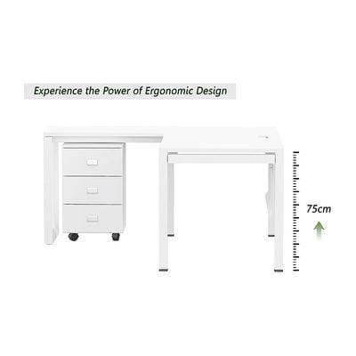 Mahmayi Figura 72-14L مكتب محطة عمل حديث على شكل حرف L مع درج متنقل ومكتب كمبيوتر وأرجل معدنية مع لوحة متواضعة - مثالي للمكتب المنزلي والدراسة والكتابة واستخدام محطة العمل (أبيض)