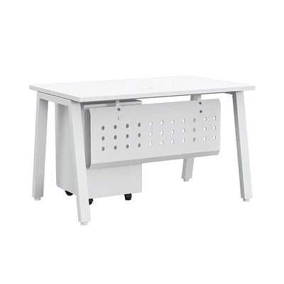 Mahmayi Bentuk 139-14 Modern Workstation Desk with Mobile Drawer, Wire Management, Metal Legs & Modesty Panel - Ideal Computer Desk for Home Office Organization and Efficiency (White)