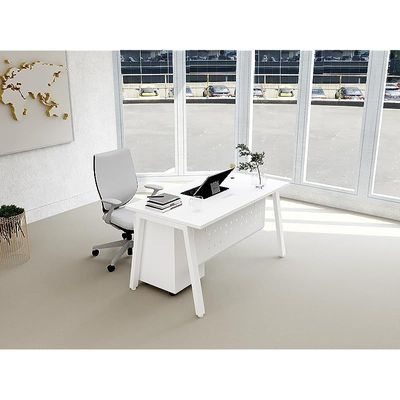 Mahmayi Bentuk 139-14 Modern Workstation Desk with Mobile Drawer, Wire Management, Metal Legs & Modesty Panel - Ideal Computer Desk for Home Office Organization and Efficiency (White)