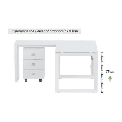 مكتب محطة العمل الحديث Mahmayi Vorm 136-14L مع درج متحرك للاستخدام في المكتب المنزلي والدراسة ومحطة العمل - حل أثاث أنيق وعملي (على شكل حرف L، أبيض، 140 سم)