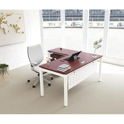 Mahmayi Figura 72-14L L-Shaped Modern Workstation Desk with Mobile Drawer, Computer Desk, Metal Legs with Modesty Panel - Ideal for Home Office, Study, Writing, and Workstation Use (Apple Cherry)