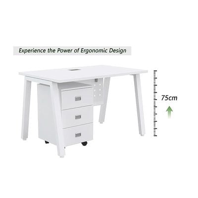 Mahmayi Bentuk 139-12 Modern Workstation Desk with Mobile Drawer, Wire Management, Metal Legs & Modesty Panel - Ideal Computer Desk for Home Office Organization and Efficiency (White)