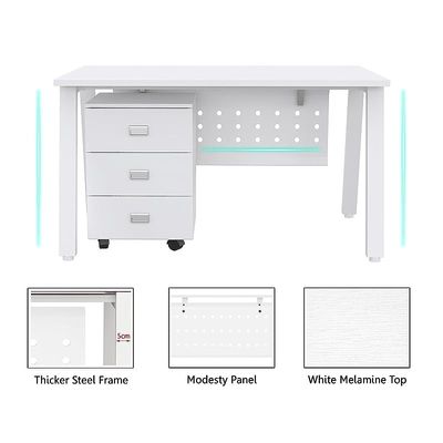 Mahmayi Bentuk 139-12 Modern Workstation Desk with Mobile Drawer, Wire Management, Metal Legs & Modesty Panel - Ideal Computer Desk for Home Office Organization and Efficiency (White)