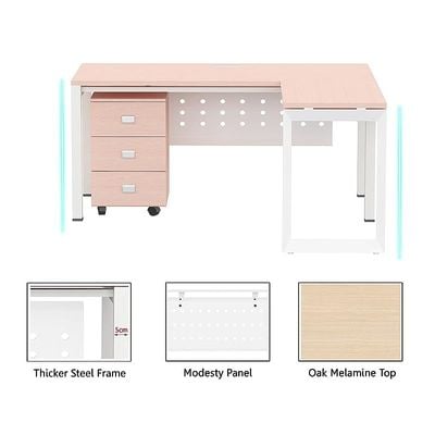 Mahmayi Figura 72-14L L-Shaped Modern Workstation Desk with Mobile Drawer, Computer Desk, Metal Legs with Modesty Panel - Ideal for Home Office, Study, Writing, and Workstation Use (Oak)