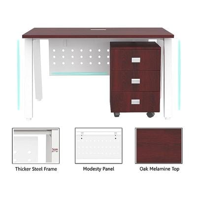 Mahmayi Bentuk 139-18 Modern Workstation Desk with Mobile Drawer, Wire Management, Metal Legs & Modesty Panel - Ideal Computer Desk for Home Office Organization and Efficiency (Apple Cherry)