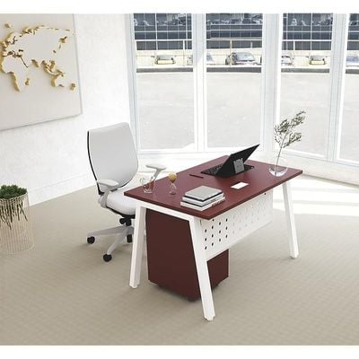 Mahmayi Bentuk 139-18 Modern Workstation Desk with Mobile Drawer, Wire Management, Metal Legs & Modesty Panel - Ideal Computer Desk for Home Office Organization and Efficiency (Apple Cherry)