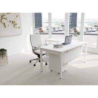 Mahmayi Figura 72-16L L-Shaped Modern Workstation Desk with Mobile Drawer, Computer Desk, Metal Legs with Modesty Panel - Ideal for Home Office, Study, Writing, and Workstation Use (White)