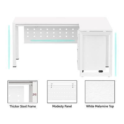 Mahmayi Figura 72-16L L-Shaped Modern Workstation Desk with Mobile Drawer, Computer Desk, Metal Legs with Modesty Panel - Ideal for Home Office, Study, Writing, and Workstation Use (White)