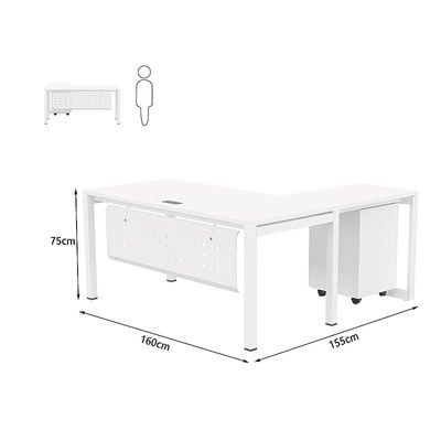 Mahmayi Figura 72-16L L-Shaped Modern Workstation Desk with Mobile Drawer, Computer Desk, Metal Legs with Modesty Panel - Ideal for Home Office, Study, Writing, and Workstation Use (White)