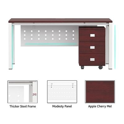 Mahmayi Figura 72-16 Modern Workstation Desk with Mobile Drawer - Stylish Office Furniture for Home or Business Use - Sleek Design for Productivity and Organization (Apple Cherry, 160cm)