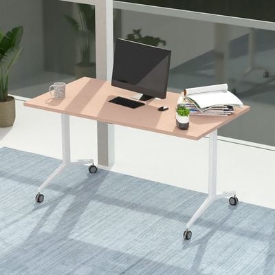 Mahmayi Folde 78-16 Modern Folding Table with Wheels for Easy Mobility - Portable Multipurpose Desk for Home Office, Compact Design with Rolling Wheels for Convenient Transportation and Storage (Oak, 160cm)