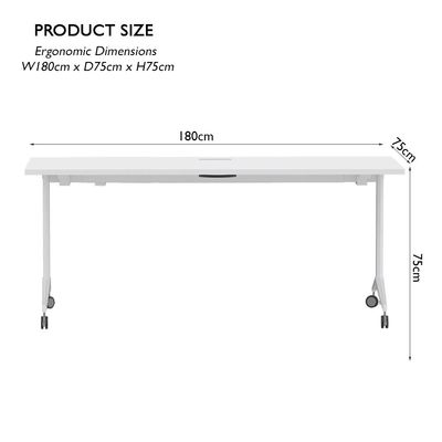 Mahmayi Folde 78-18 Modern Folding Table with Wheels for Easy Mobility - Portable Multipurpose Desk for Home Office, Compact Design with Rolling Wheels for Convenient Transportation and Storage (White, 180cm)