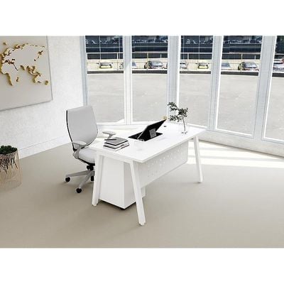 Mahmayi Bentuk 139-16 Modern Workstation Desk with Mobile Drawer, Wire Management, Metal Legs & Modesty Panel - Ideal Computer Desk for Home Office Organization and Efficiency (White)