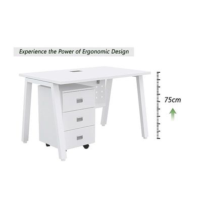 Mahmayi Bentuk 139-16 Modern Workstation Desk with Mobile Drawer, Wire Management, Metal Legs & Modesty Panel - Ideal Computer Desk for Home Office Organization and Efficiency (White)