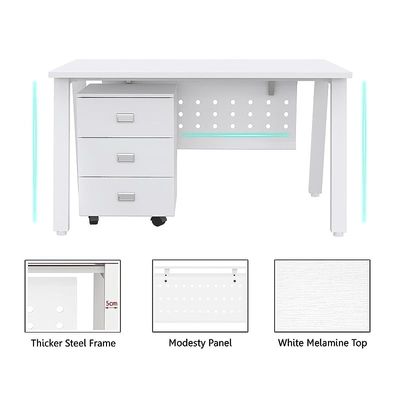 Mahmayi Bentuk 139-16 Modern Workstation Desk with Mobile Drawer, Wire Management, Metal Legs & Modesty Panel - Ideal Computer Desk for Home Office Organization and Efficiency (White)