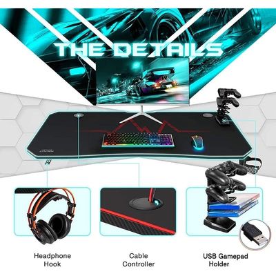 ContraGaming by Gaming Table MY 1160 Red RGB Lighting with Gamepad Holder USB Holder Cable Management with Carbon Fiber Top with AM K5 Pro Headset Combo