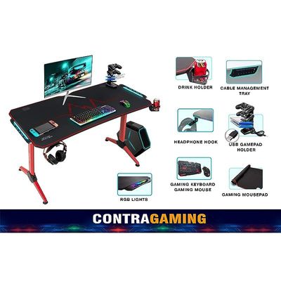 ContraGaming by Gaming Table MY 1160 Red RGB Lighting with Gamepad Holder USB Holder Cable Management with Carbon Fiber Top with S101-2 USB Keyboard Combo