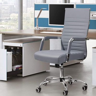 New Ribbed Office Desk Mid-Back Pu Leather (Grey)