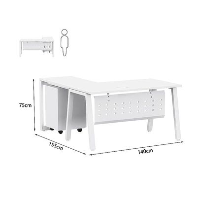 Mahmayi Bentuk 139-14L L-Shape Modern Workstation Desk with Mobile Drawer, Wire Management, Metal Legs & Modesty Panel - Ideal Computer Desk for Home Office Organization and Efficiency (White)