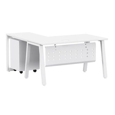 Mahmayi Bentuk 139-14L L-Shape Modern Workstation Desk with Mobile Drawer, Wire Management, Metal Legs & Modesty Panel - Ideal Computer Desk for Home Office Organization and Efficiency (White)