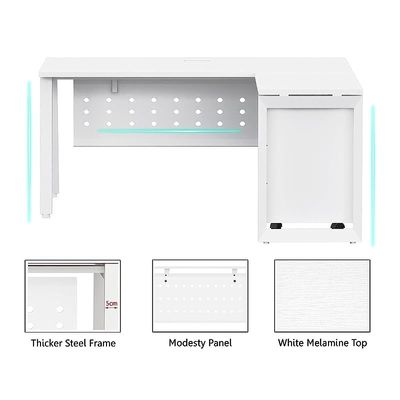 Mahmayi Bentuk 139-14L L-Shape Modern Workstation Desk with Mobile Drawer, Wire Management, Metal Legs & Modesty Panel - Ideal Computer Desk for Home Office Organization and Efficiency (White)