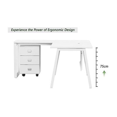 Mahmayi Bentuk 139-14L L-Shape Modern Workstation Desk with Mobile Drawer, Wire Management, Metal Legs & Modesty Panel - Ideal Computer Desk for Home Office Organization and Efficiency (White)