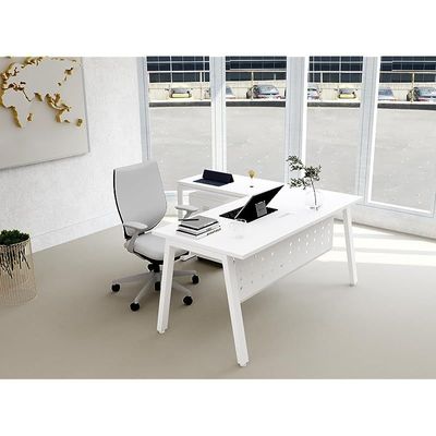 Mahmayi Bentuk 139-14L L-Shape Modern Workstation Desk with Mobile Drawer, Wire Management, Metal Legs & Modesty Panel - Ideal Computer Desk for Home Office Organization and Efficiency (White)