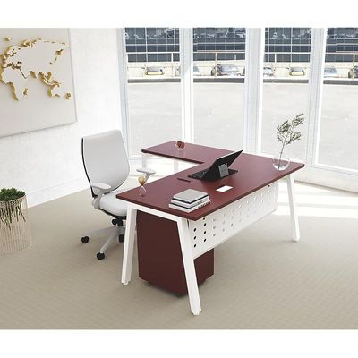 Mahmayi Bentuk 139-14L L-Shape Modern Workstation Desk with Mobile Drawer, Wire Management, Metal Legs & Modesty Panel - Ideal Computer Desk for Home Office Organization and Efficiency (Apple Cherry)