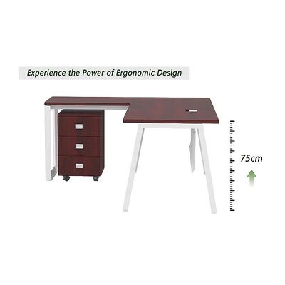 Mahmayi Bentuk 139-14L L-Shape Modern Workstation Desk with Mobile Drawer, Wire Management, Metal Legs & Modesty Panel - Ideal Computer Desk for Home Office Organization and Efficiency (Apple Cherry)