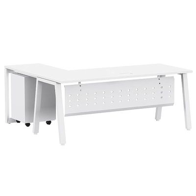 Mahmayi Bentuk 139-18L L-Shape Modern Workstation Desk with Mobile Drawer, Wire Management, Metal Legs & Modesty Panel - Ideal Computer Desk for Home Office Organization and Efficiency (White)