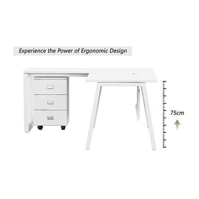 Mahmayi Bentuk 139-18L مكتب محطة عمل حديث على شكل حرف L مع درج متنقل وإدارة الأسلاك وأرجل معدنية ولوحة متواضعة - مكتب كمبيوتر مثالي لتنظيم المكاتب المنزلية وكفاءتها (أبيض)
