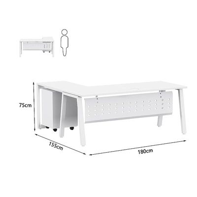 Mahmayi Bentuk 139-18L L-Shape Modern Workstation Desk with Mobile Drawer, Wire Management, Metal Legs & Modesty Panel - Ideal Computer Desk for Home Office Organization and Efficiency (White)