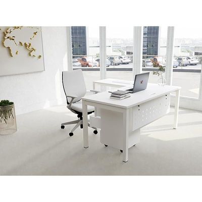 Mahmayi Figura 72-18L L-Shaped Modern Workstation Desk with Mobile Drawer, Computer Desk, Metal Legs with Modesty Panel - Ideal for Home Office, Study, Writing, and Workstation Use (White)