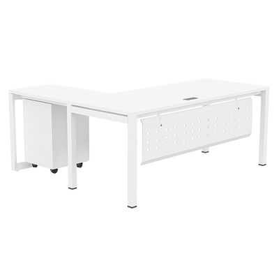 Mahmayi Figura 72-18L L-Shaped Modern Workstation Desk with Mobile Drawer, Computer Desk, Metal Legs with Modesty Panel - Ideal for Home Office, Study, Writing, and Workstation Use (White)