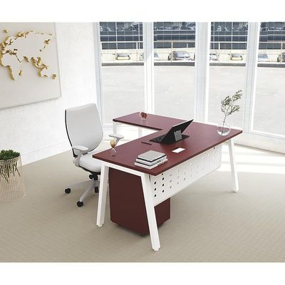 Mahmayi Bentuk 139-16L L-Shape Modern Workstation Desk with Mobile Drawer, Wire Management, Metal Legs & Modesty Panel - Ideal Computer Desk for Home Office Organization and Efficiency (Apple Cherry)