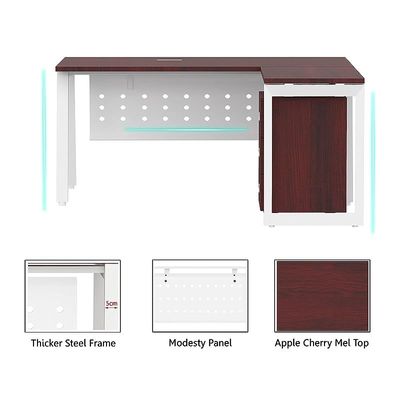 Mahmayi Bentuk 139-16L L-Shape Modern Workstation Desk with Mobile Drawer, Wire Management, Metal Legs & Modesty Panel - Ideal Computer Desk for Home Office Organization and Efficiency (Apple Cherry)
