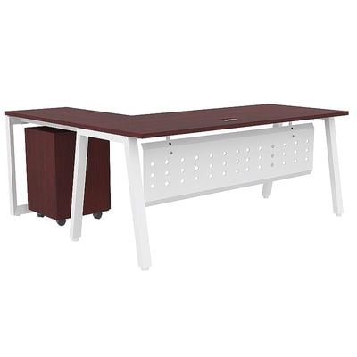 Mahmayi Bentuk 139-16L L-Shape Modern Workstation Desk with Mobile Drawer, Wire Management, Metal Legs & Modesty Panel - Ideal Computer Desk for Home Office Organization and Efficiency (Apple Cherry)